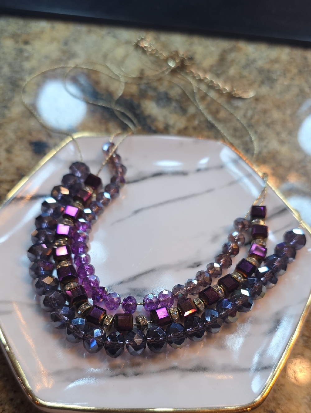 Cake Purple Multi-Strand Faceted & Cube Bead Necklace with Gold Accents